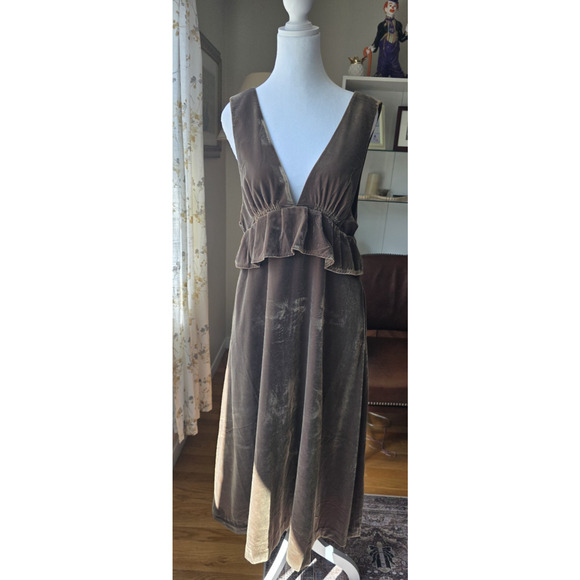 VTG Green Brown Velvet Deep V-Neck Ruffle Lined Pockets WhimsyGoth Fairy Dress - Picture 1 of 9